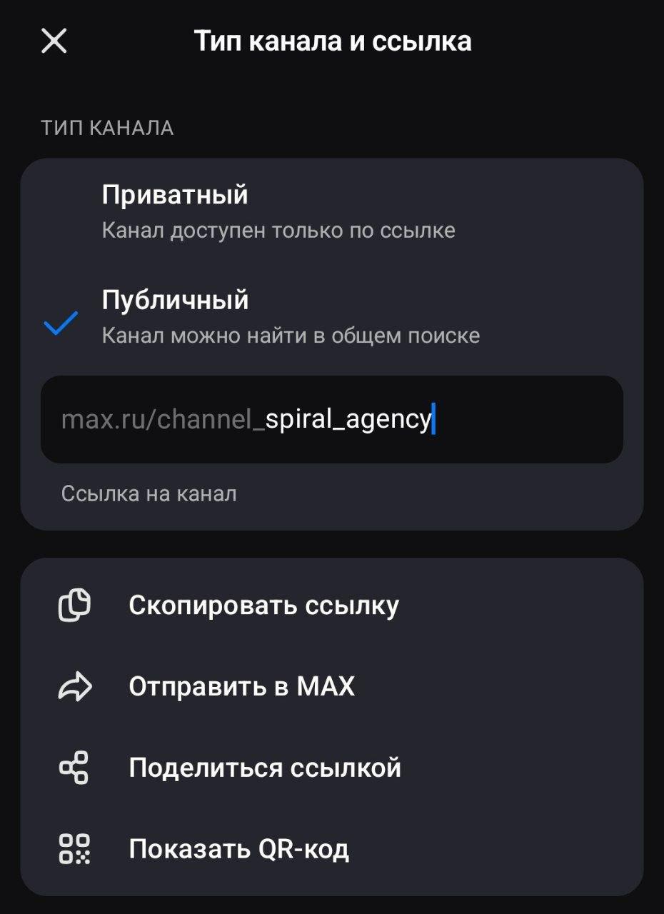 Настройка «Тип канала и ссылка» в Максе: выбран публичный тип, задана именная ссылка канала