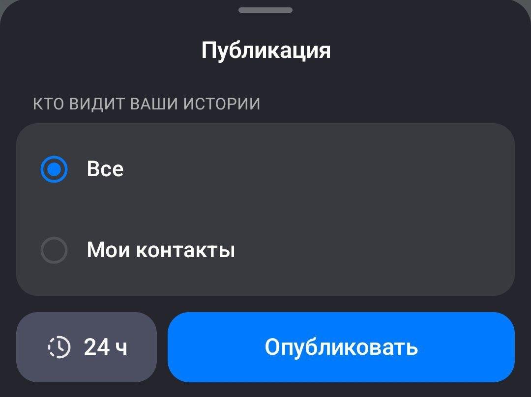 Экран публикации истории в Максе: видимость «Все» или «Мои контакты» и срок жизни 24 часа